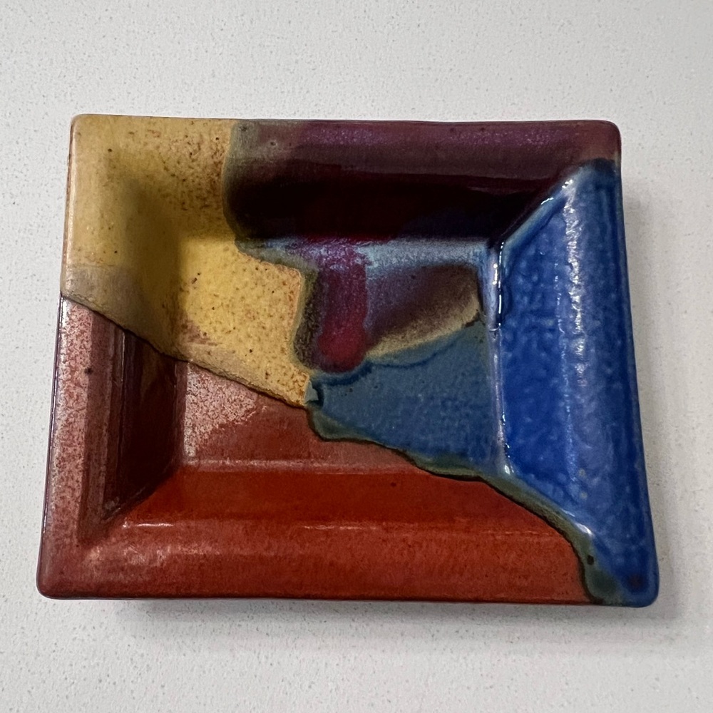 Vintage Studio Art Pottery Glazed Multicolor Dish Plate 7" Signed Made In USA